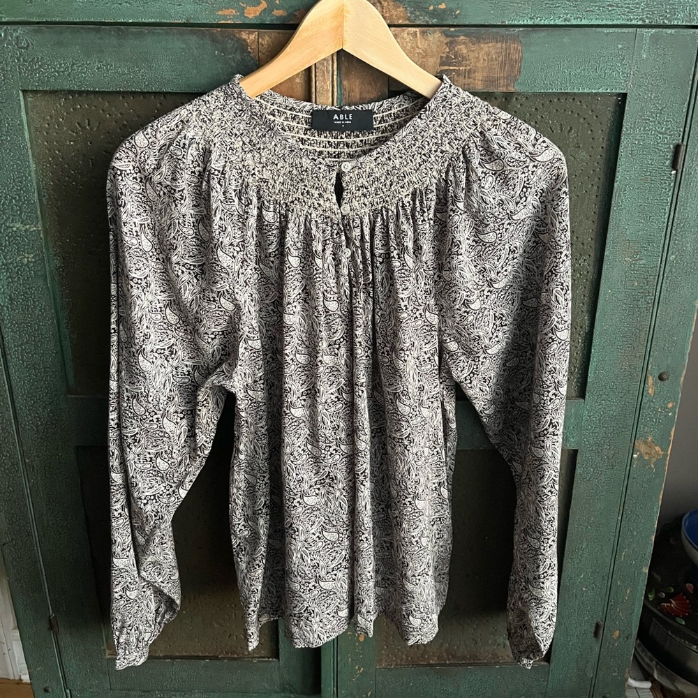 ABLE Paisley Cotton Smocked Button Blouse